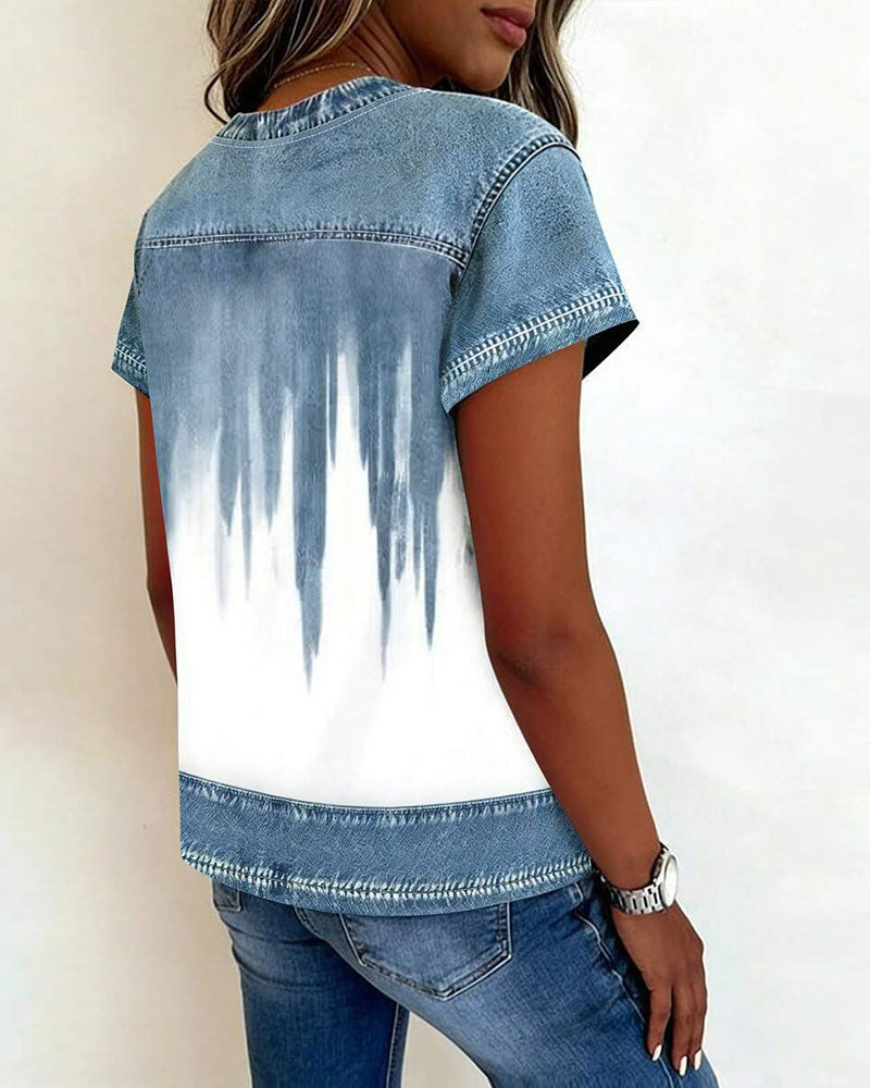 T-Shirt Denim Patchwork Batik Kurzarm