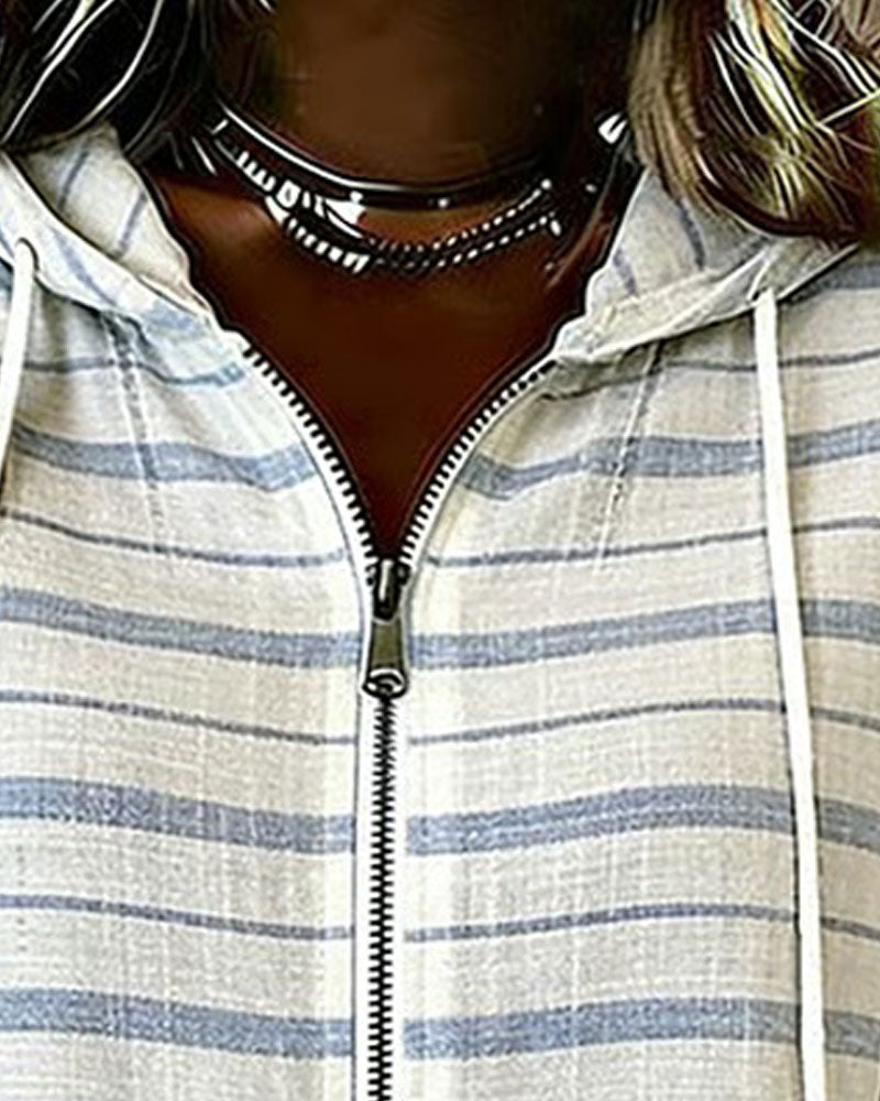 Top Gestreift Kapuze Reißverschluss Kurzarm