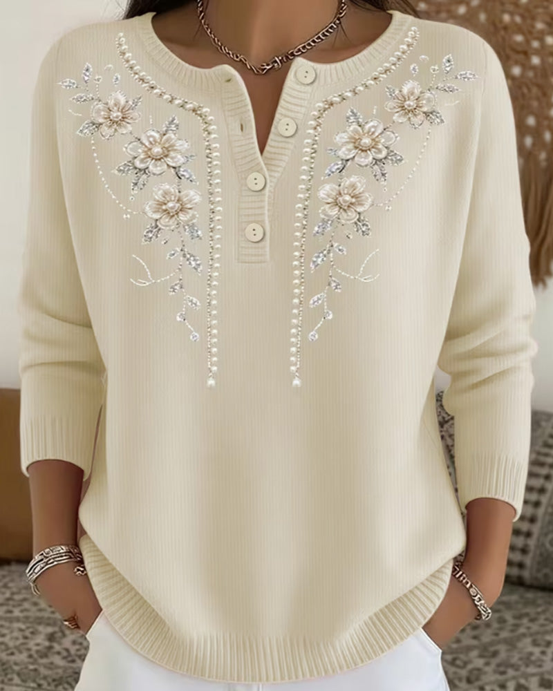 Sweatshirt Rundhals Knopfleiste Blumig Langarm