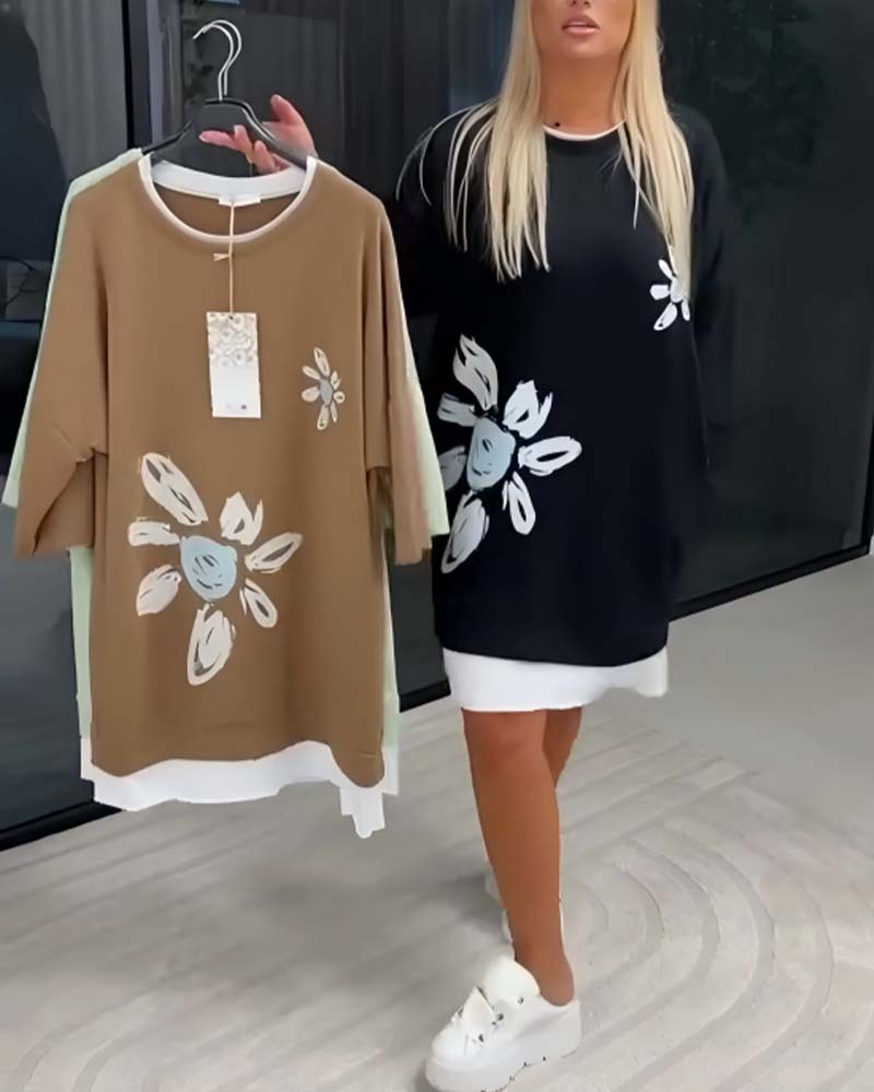 Sweatshirt-Kleid Rundhals bedruckt Patchwork
