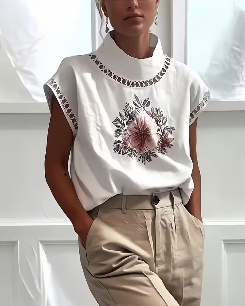 T-Shirt Halber Rollkragen Ärmellos Durchbrochen