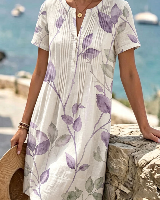 Kleid Gerafft Blatt Druck Kurzarm Mini