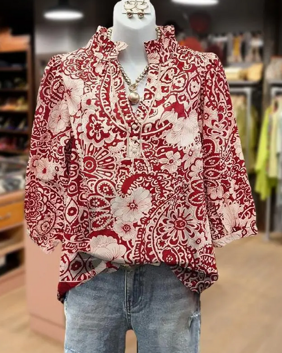 Bluse Paisley Blumenprint Mandarin-Kragen