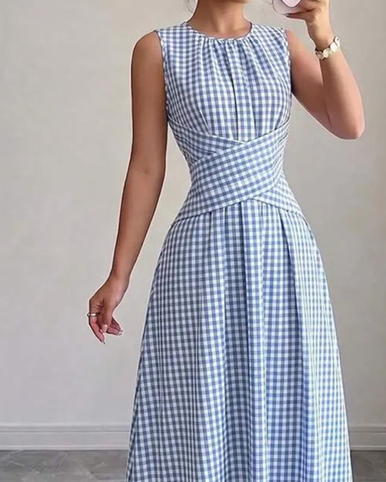Kleid Rundhals Kreuz Gerafft Karo