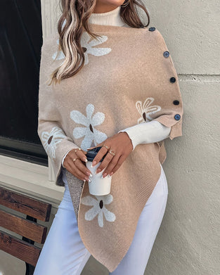 Pullover Gänseblümchenmuster Seitenknopf Schal Sweater