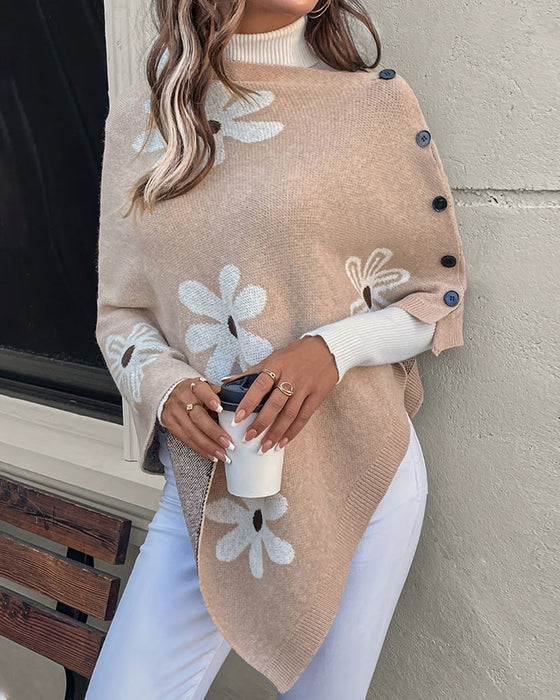 Pullover Gänseblümchenmuster Seitenknopf Schal Sweater