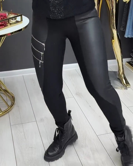 Leggings PU Patchwork Reißverschluss Verziert