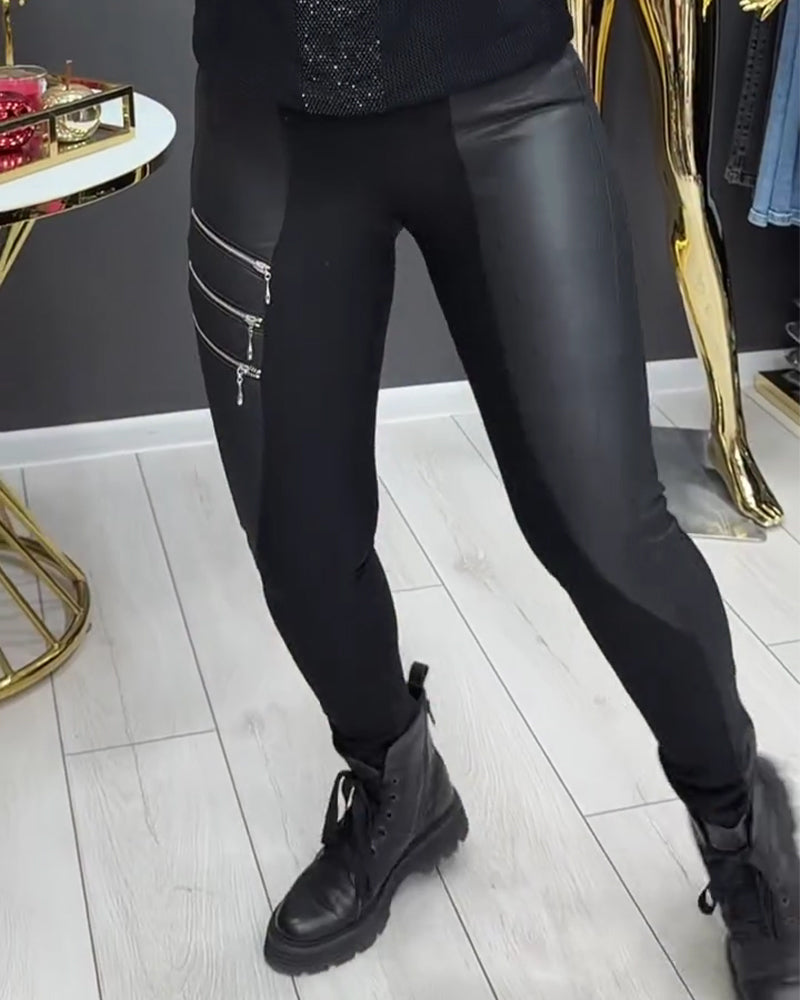 Leggings PU Patchwork Reißverschluss Verziert