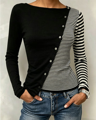 T-Shirt Kontrast Gestreift Knopf Patchwork