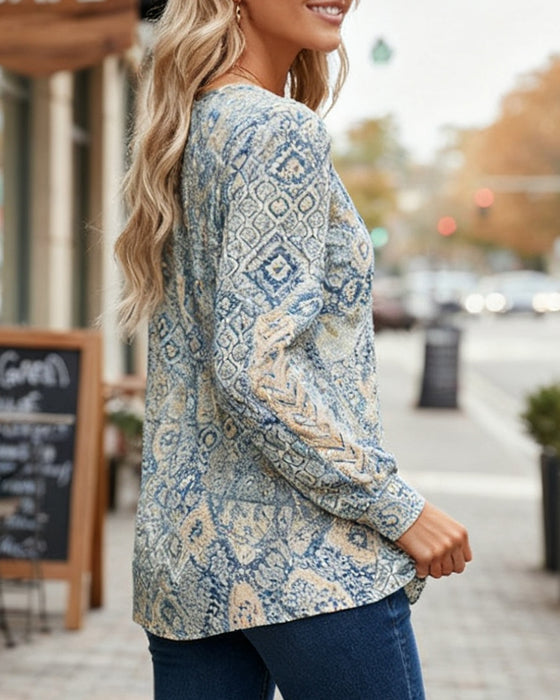 Top V-Ausschnitt Tribal Print Lang Puffärmel