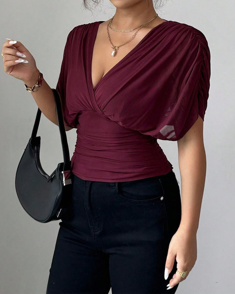 Bluse Uni Farbe Tiefer V-Ausschnitt Taille Kurzarm