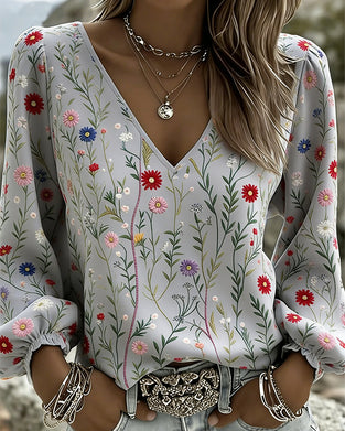 Bluse Blumendruck Puffarm V-Ausschnitt