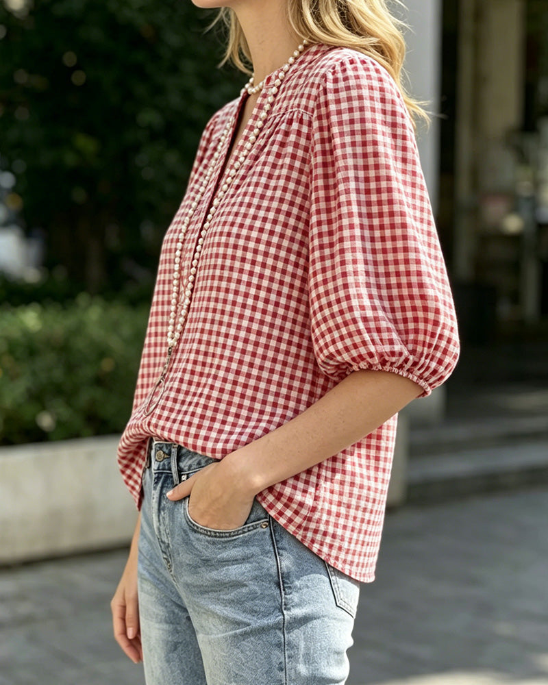Bluse Karo Print Puffärmel Kurzarm