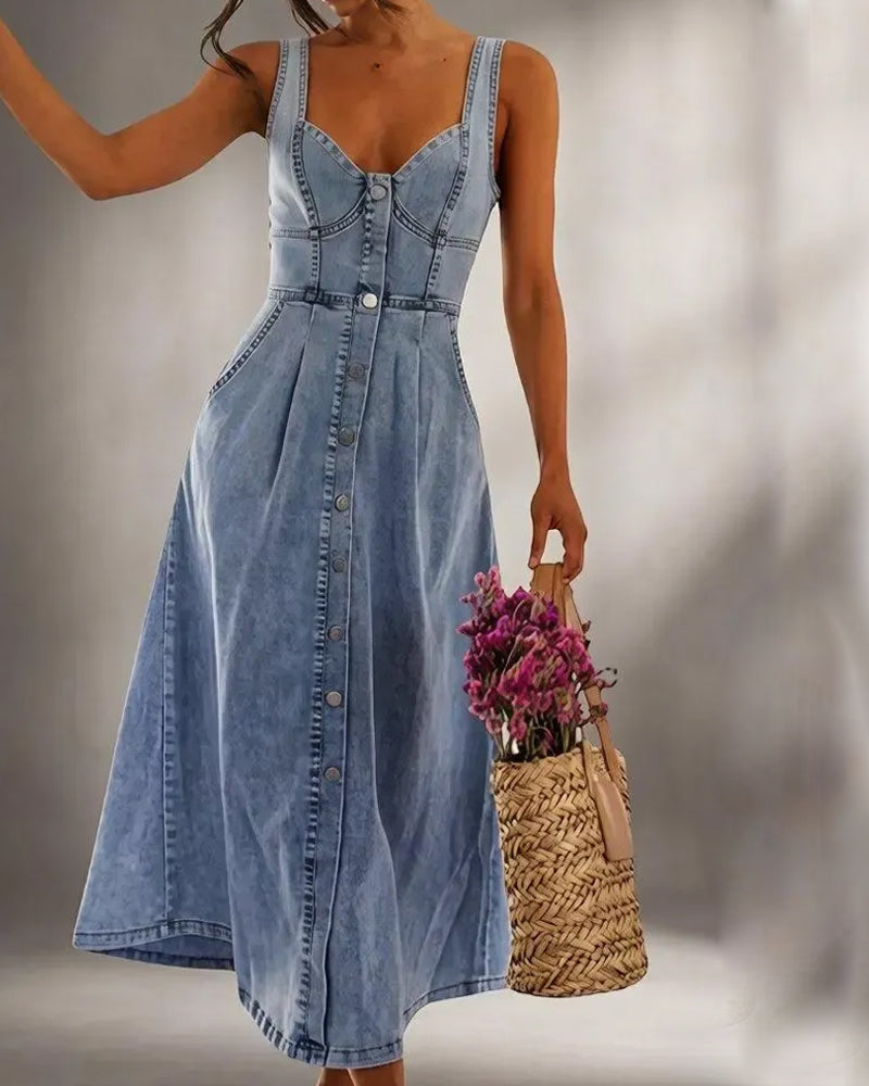 Kleid Spaghettiträger Knopf Taille Tailliert Denim