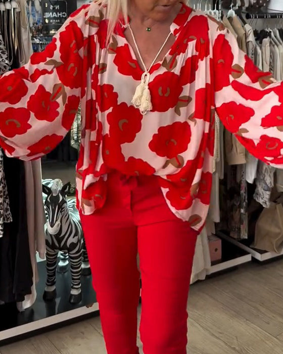 Bluse Große Blume Bindung V-Ausschnitt