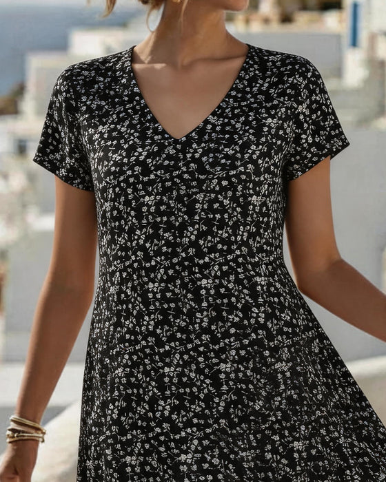 Kleid Blumig V-Ausschnitt Voll Rock