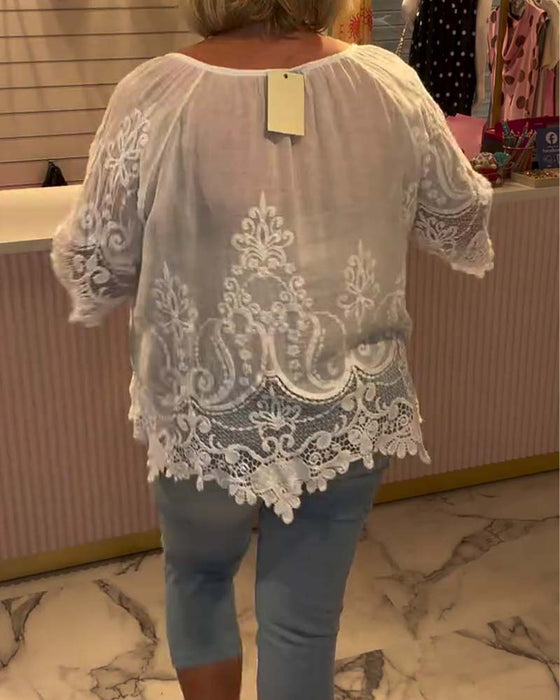 Bluse Schnürung Durchsichtig Spitze Patchwork