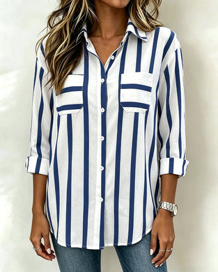 Bluse Revers Gestreift Knopfleiste