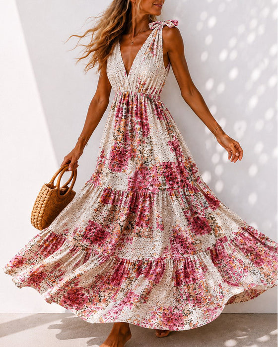 Kleid Blumen Bindung V-Ausschnitt Stufen