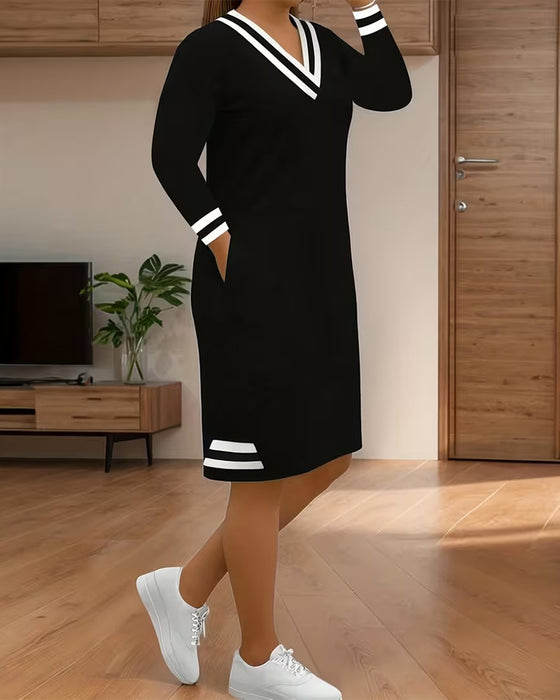 Kleid Color-Block gestreift V-Ausschnitt