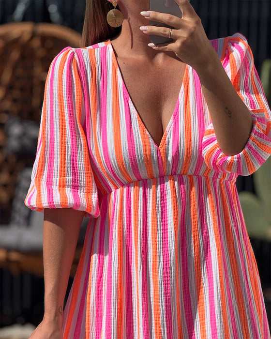 Kleid V-Ausschnitt Gestreift A-Linie