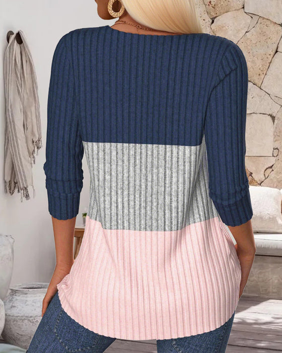Top V-Ausschnitt Colorblock Gestreift