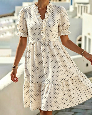 Kleid V-Ausschnitt Spitze Besatz Polka Dot