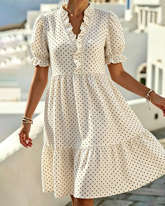 Kleid V-Ausschnitt Spitze Besatz Polka Dot