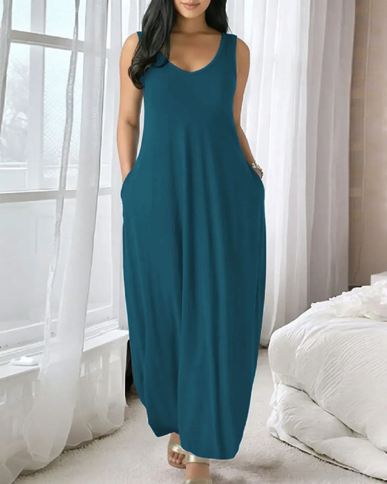 Kleid V-Ausschnitt Tasche Locker Tank Lang