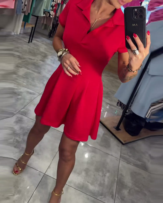 Kleid Revers Kurzarm Plissiert A-Linie