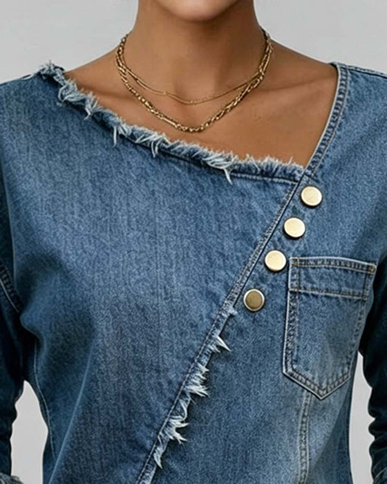 Bluse Jeans Schräger Kragen Langarm