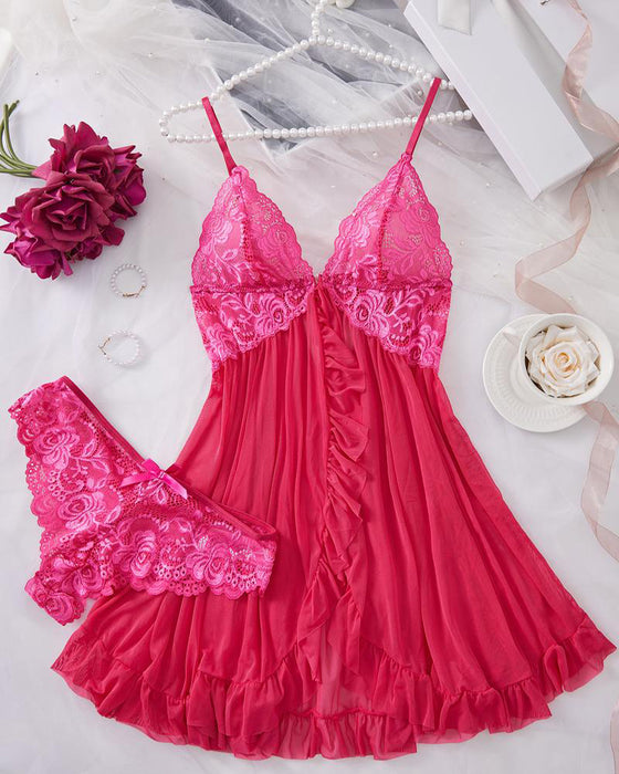 Cami Nachthemd & Schleifen-Deko Slip Set Damen Sexy Rüschenbesatz Spitze
