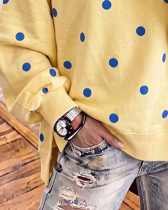 Sweatshirt Rundhals Polka Dot Schlitz Drop Schulter Asymmetrisch