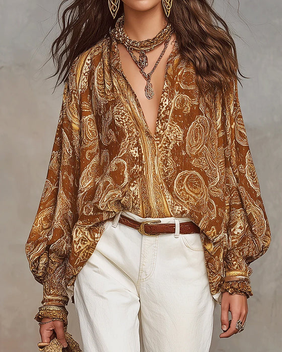 Bluse V-Ausschnitt Print Lässig