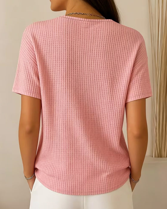 T-Shirt V-Ausschnitt Einfarbig Vielseitig Kurzarm