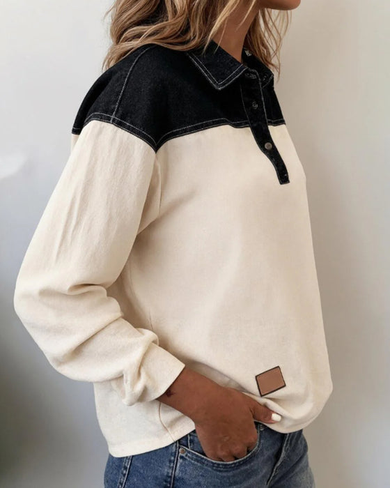Bluse lässig Revers Denim Patchwork