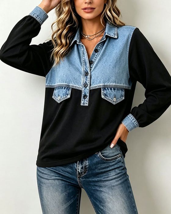Sweatshirt Hemdkragen Tasche Patchwork