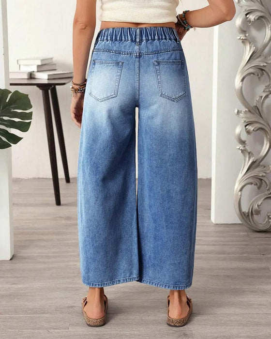 Jeans Denim Elastische Taille Weites Bein Cropped