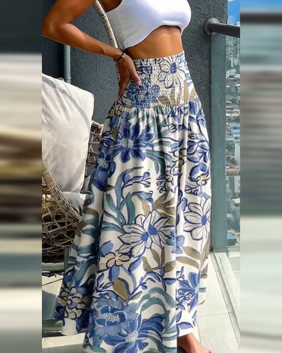 Hose Hoch Tailliert Blumenmuster Gummibund Weit Bein