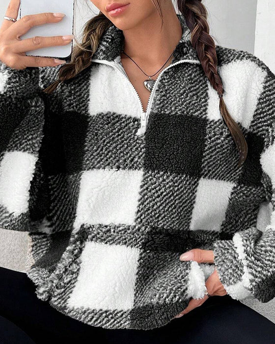 Sweatshirt Halb-Zip Stehkragen Karomuster