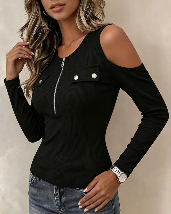 Oberteil Ausschnitt Schulter Off-Shoulder Halber Reißverschluss Langarm
