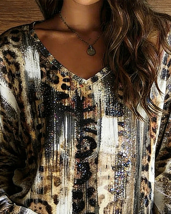 T-Shirt V-Ausschnitt Leopardenmuster Gradient Langarm