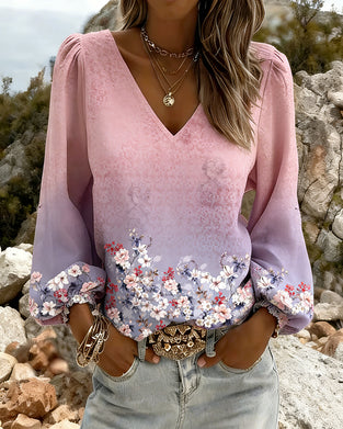 Top Puffärmel V-Ausschnitt Verlauf