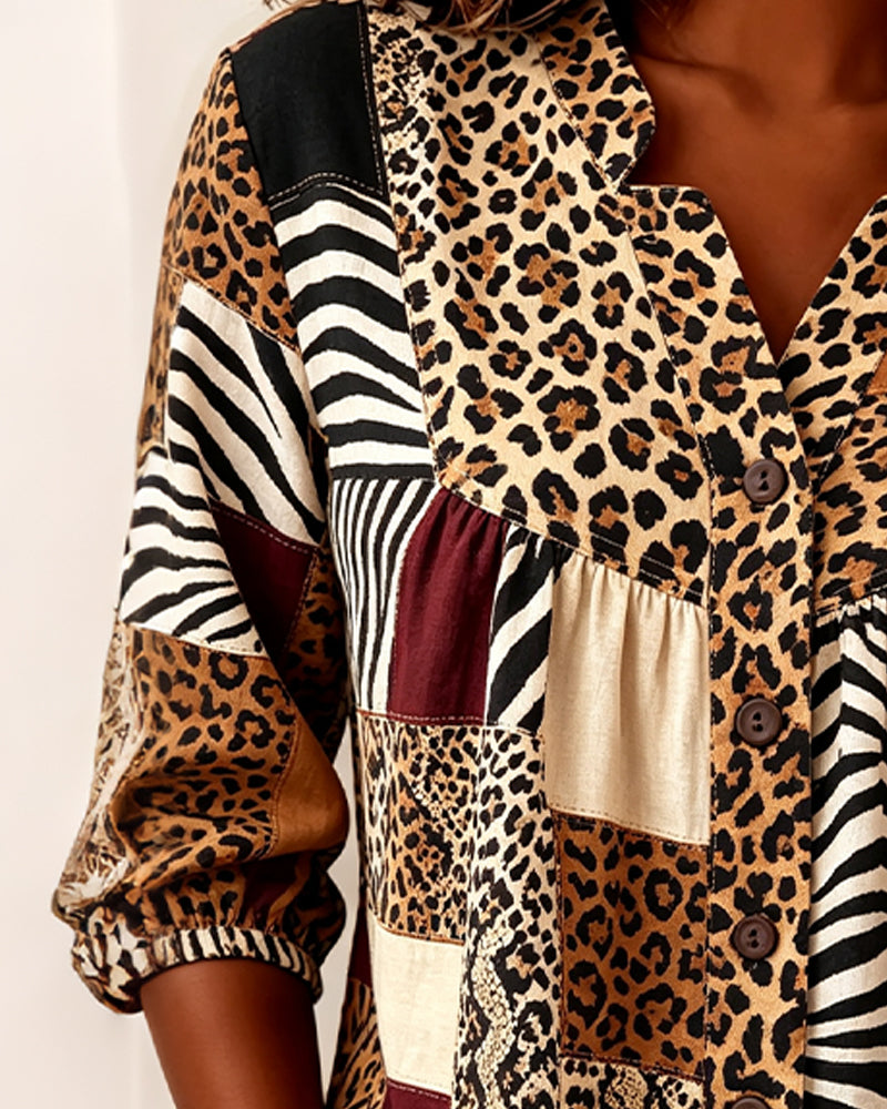 Bluse Leopard Farbblock V-Ausschnitt