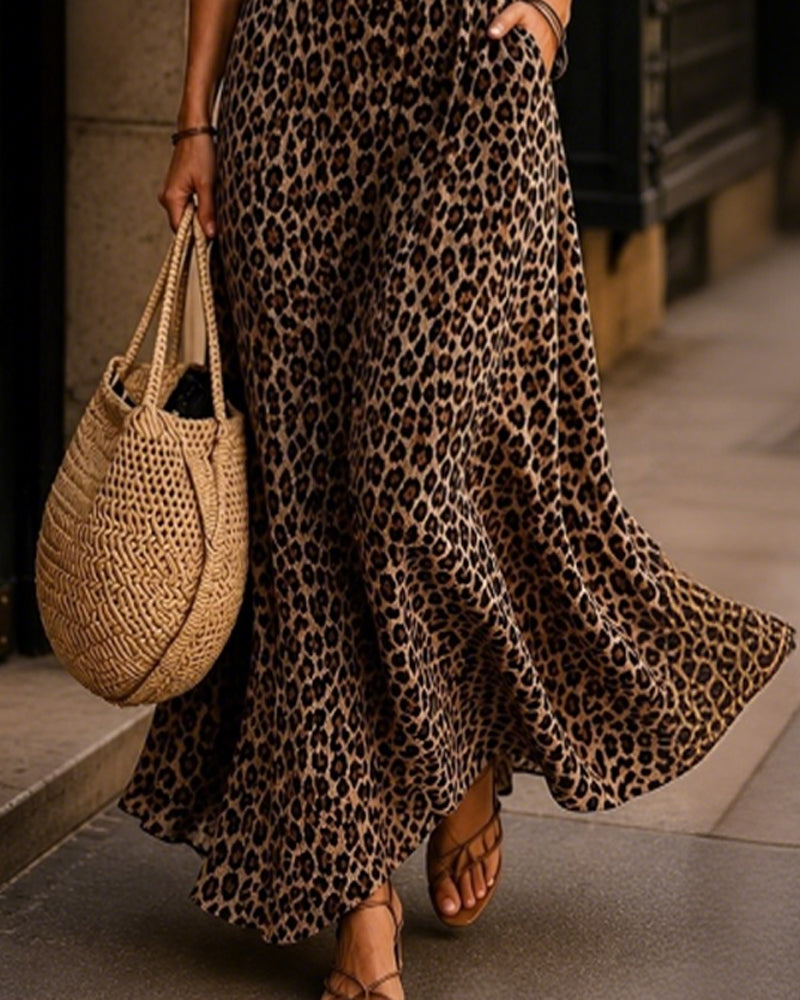 Kleid Quadratischer Ausschnitt Leopard Mode