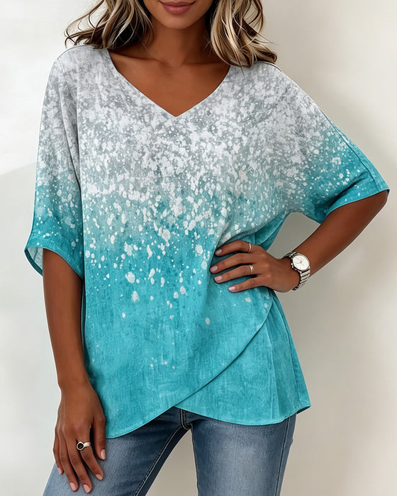 T-Shirt V-Ausschnitt Schneeflocke Gradient Saum Unregelmäßig