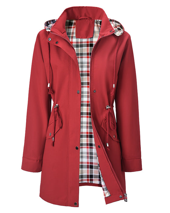 Damen Langer Wasserdichter Trenchcoat Mit Kapuze