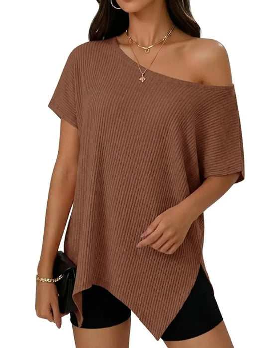 T-Shirt Unregelmäßig Off-Shoulder Kurzer Ärmel Gerippt