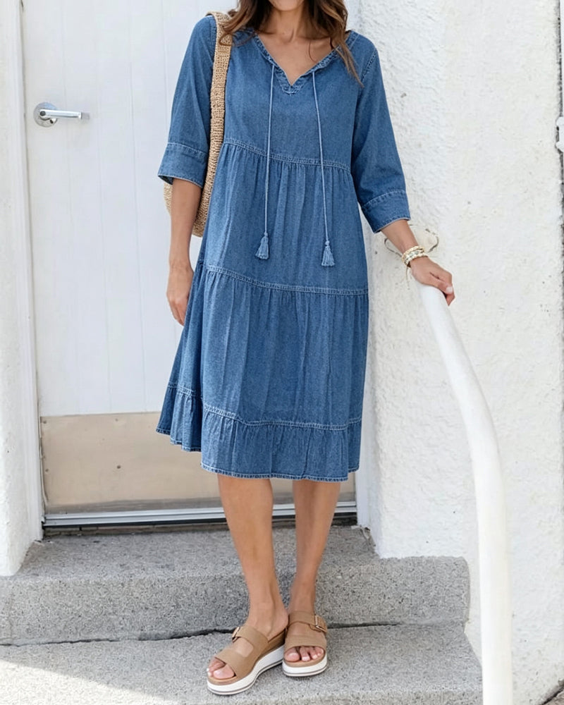 Kleid Locker Krawatten-Detail Denim