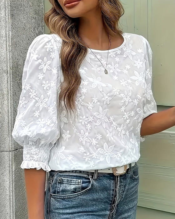 Bluse Rundhals Puffärmel Dreidimensional Blumig
